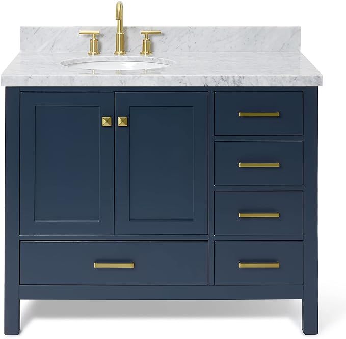 ARIEL 43" Midnight Blue Bathroom Vanity with 1.5" Edge Italian Carrara Marble Countertop & Backsp... | Amazon (US)