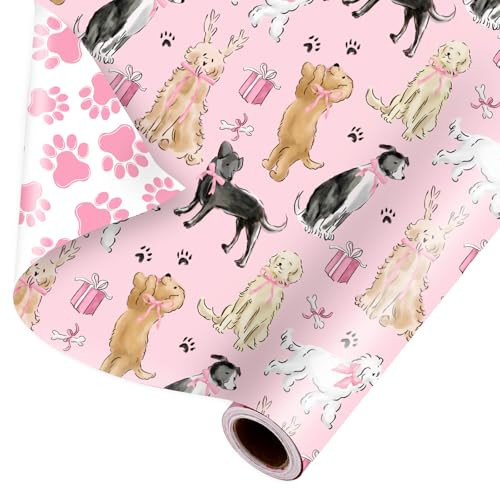 FYSUIMU Cute Dog with Bow Wrapping Paper -Mini Roll- 17 In x 32.8 Ft Puppy Dog Paw Print Double Sided Gift Wrap Paper for Holiday Birthday Baby Shower Party | Amazon (US)