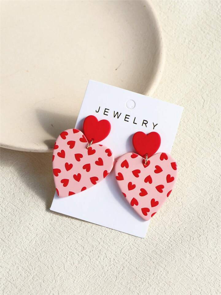 1 Pair Valentines Heart Pattern Red & Pink Ceramic Effect Sexy Acrylic Party Earrings For Women V... | SHEIN