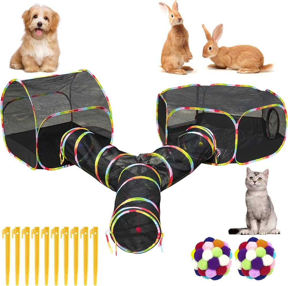 Outdoor Cat Enclosure with Cat Tunnel, Tent, Playhouse and Cat Toy Ball with Bell - Portable Indoor/Outdoor Playpen for Small Cats & Animals | Amazon (US)