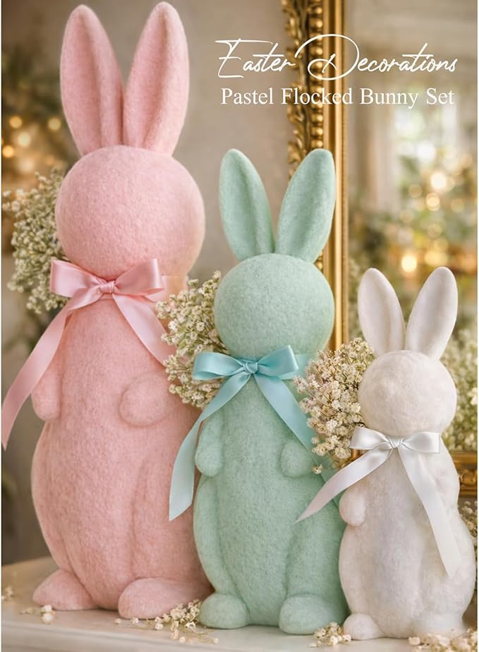 Easter Decorations - 3 Pack Pastel Flocked Bow-Tied Bunny Set (10", 13", 16") - Spring Table Cent... | Amazon (US)