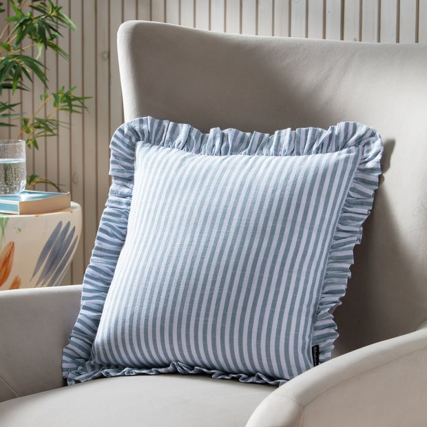 Buy Habitat Blue Stripe Ruffle Cushion Cover - 43x43cm | Cushions | Habitat | Habitat UK