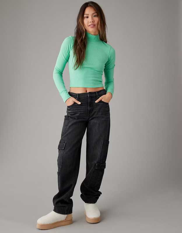 AE Long-Sleeve Cropped Hey Baby Mock Neck Tee | American Eagle Outfitters (US & CA)