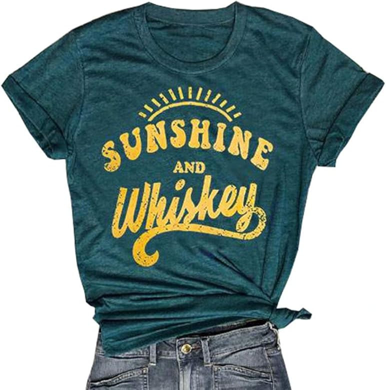 Sunshine and Whiskey Short Sleeve T-Shirt Women Beach Funny Letters Print Summer Tops Tees | Amazon (US)