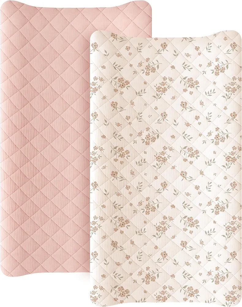 Konssy Waterproof Muslin Changing Pad Cover 2 Pack, Quilted Cotton Fitted Diaper Chang Table Cove... | Amazon (US)