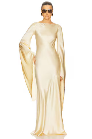 The Rosalind Dress in Silk Charmeuse in Golden Peach | Revolve Clothing (Global)