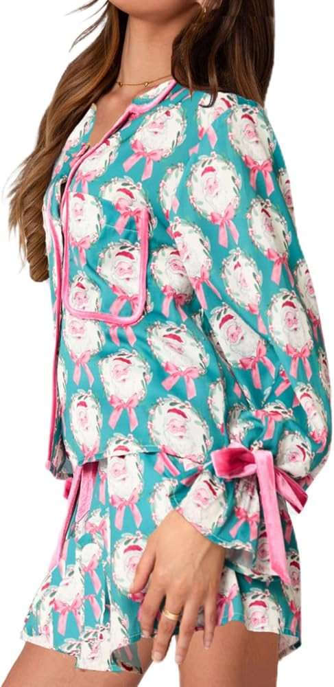 Womens Silk Christmas Pajamas Satin 2 Piece Xmas Bow Tie Pjs Long Sleeve Button down Shirt Lounge... | Amazon (US)