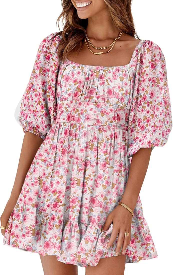 Dokotoo Womens Square Neck Summer Dress Tie Back Long Lantern Sleeve Ruffle A-Line Casual Mini Dr... | Amazon (US)