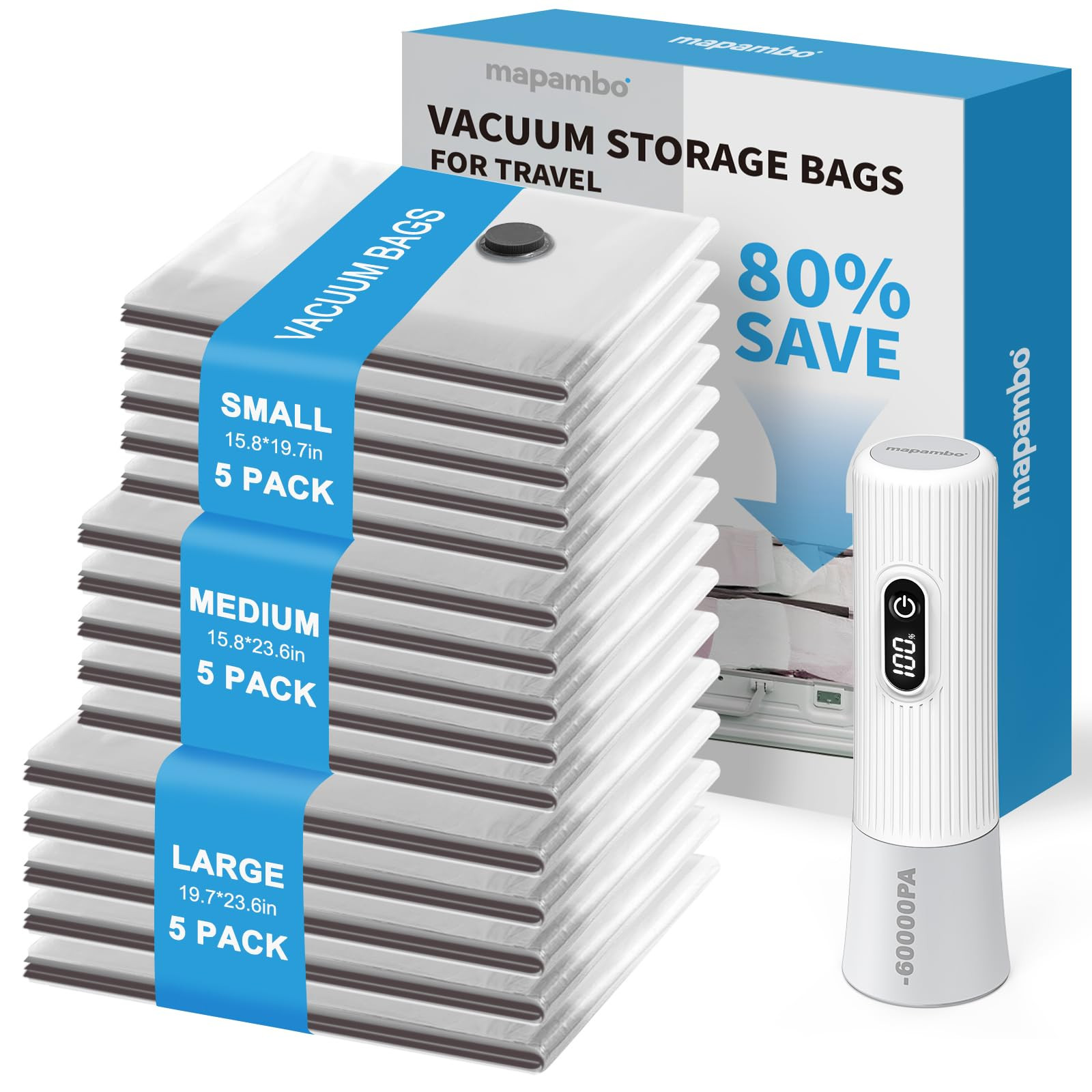 Mapambo Travel Vacuum Bags with -60000Pa LED Electric Pump, 15 Pack Vacuum Seal Bags for Clothing... | Amazon (US)