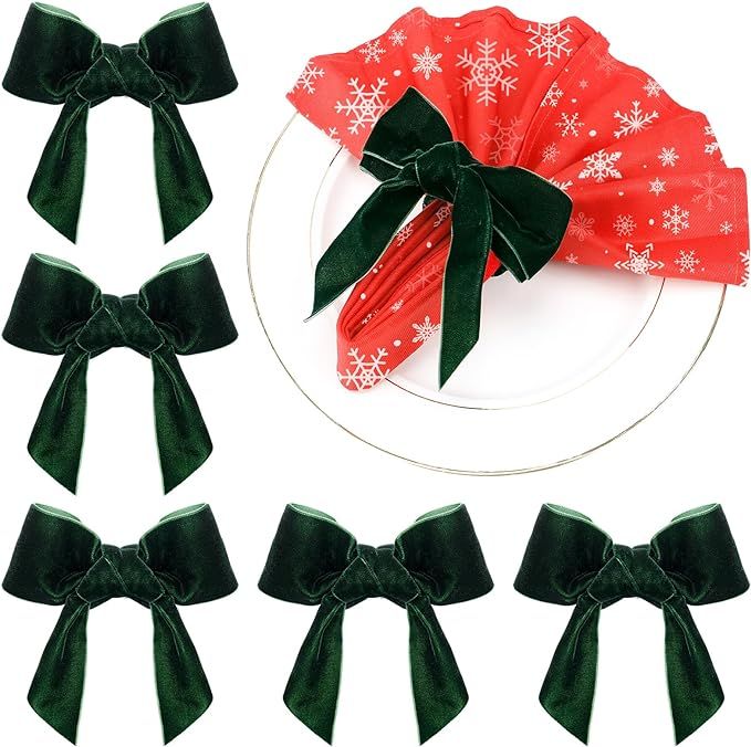 Christmas Napkin Rings, Green Bow Napkin Holder Rings, Chic Velvet Napkin Buckle for Holiday Birt... | Amazon (US)