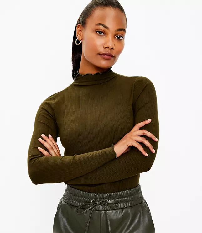 Ribbed Ruffle Mock Neck Top | LOFT