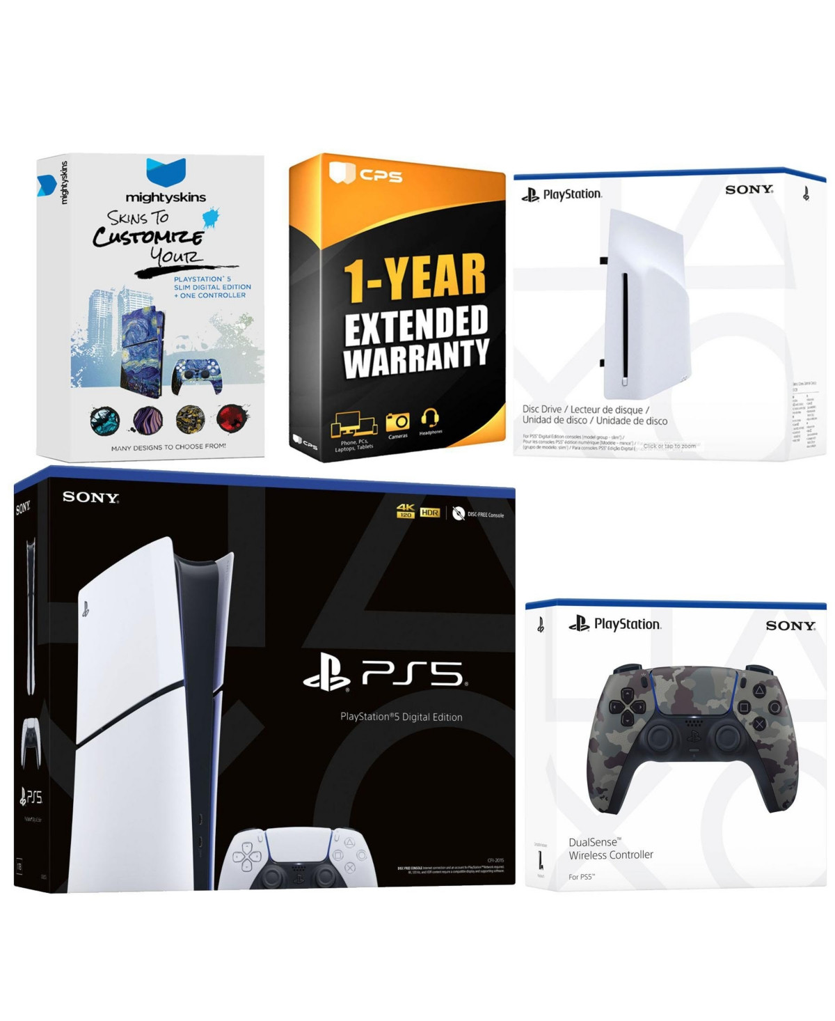 Sony PlayStation 5 Slim Digital Bundle with Disc Drive, Extra Controller, MightySkins Code and 1 Year Extended Warranty - Gray camo | Macy's