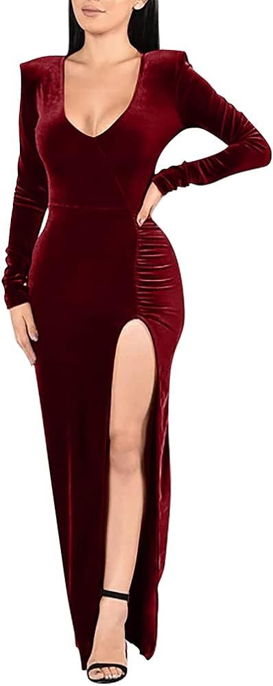 ZileZile Women's Long Sleeve Deep V Neck Dress      
 Polyester  

 Prom Homecoming | Amazon (US)