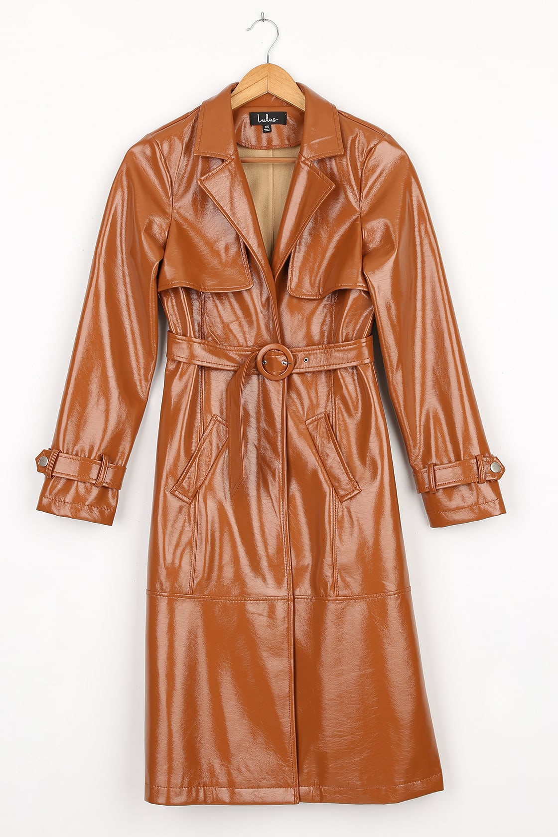 Weather Forecast Camel Patent Vegan Leather Belted Trench Coat | Lulus (US)