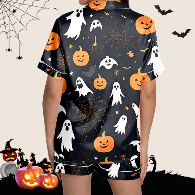 CHANGMOO Halloween Womens Silk Pajamas Ghost Print Shirt and Shorts Satin Pjs Sets 2 Piece Holida... | Walmart (US)