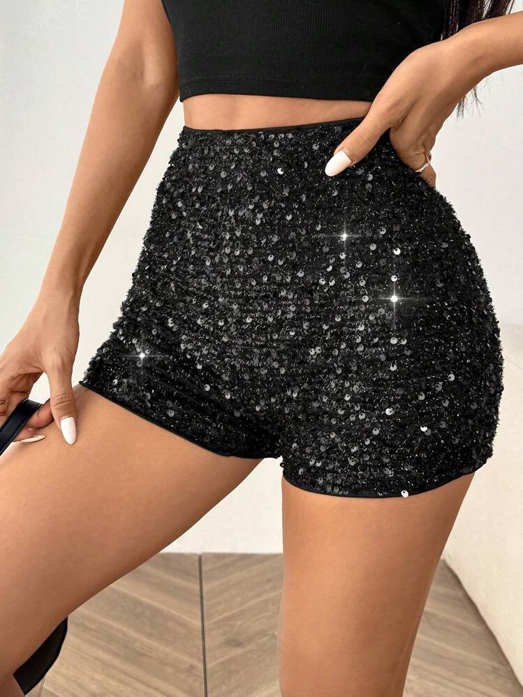 SHEIN EZwear Women's Sequin Black Knit Elegant Fit Halloween Casual Party Skinny Shorts | SHEIN