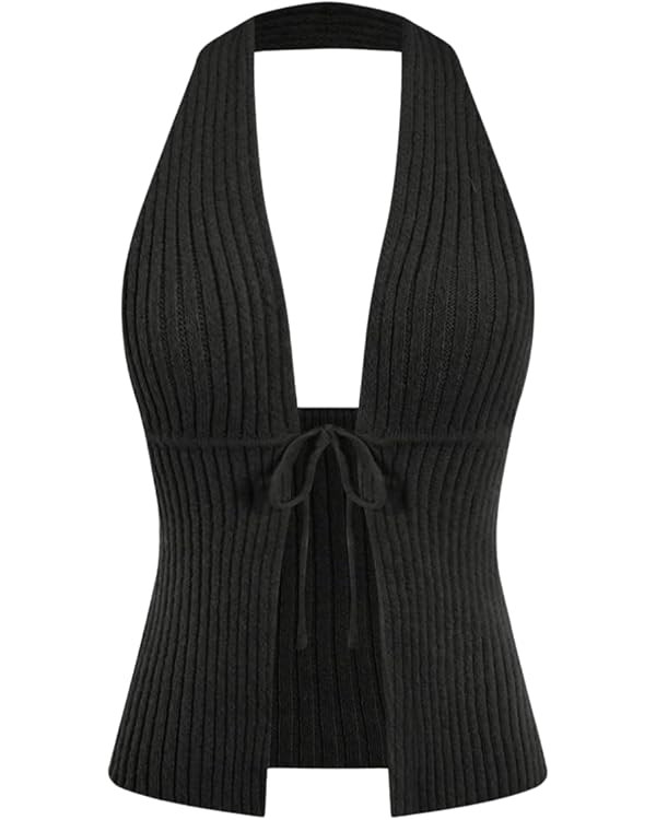 Milumia Women's Halter Tie Front Sweater Open Back Sleeveless Pullover Knit Tops | Amazon (US)