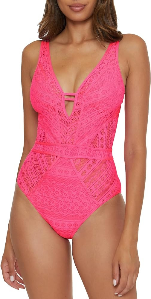 BECCA Color Play One Piece Swimsuit, Plunge Neck, Crochet, Bathing Suits for Women | Amazon (US)