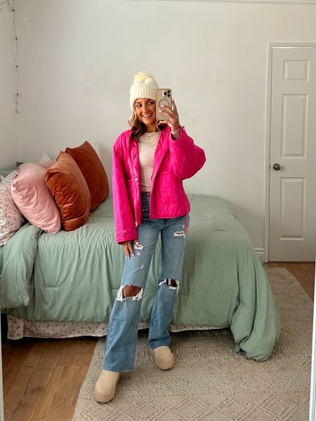 cozy winter outfit ideas 💕🧸 wearing size small free people packable puffer dupe + 24 inch waist jeans 
