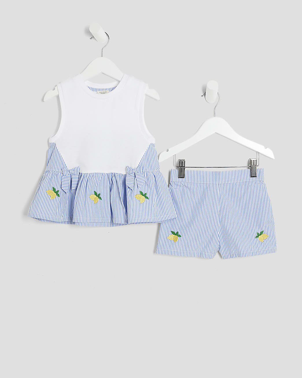 Mini Girls Blue Striped Lemon Shorts Set | River Island UK & IE
