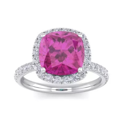 Belk & Co Lab Created 5 1/2 ct. t.w. Cushion Cut Created Pink Sapphire and Double Halo Diamond Ring In Sterling Silver | Belk