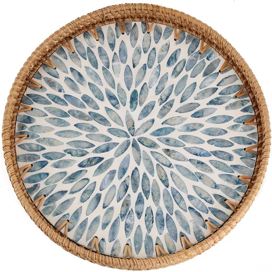 Round Rattan Tray with Mother of Pearl Inlay, Rattan Serving Tray for Coffee, Bread, Fruits, Deco... | Amazon (US)