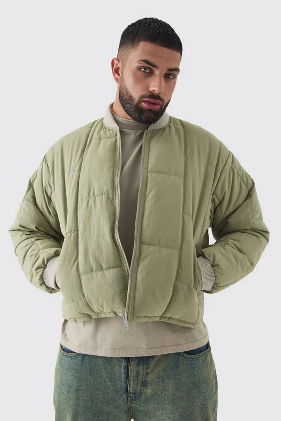 Plus Boxy Quilted Bomber Jacket In Sage | boohooMAN (DE, IE & UK)