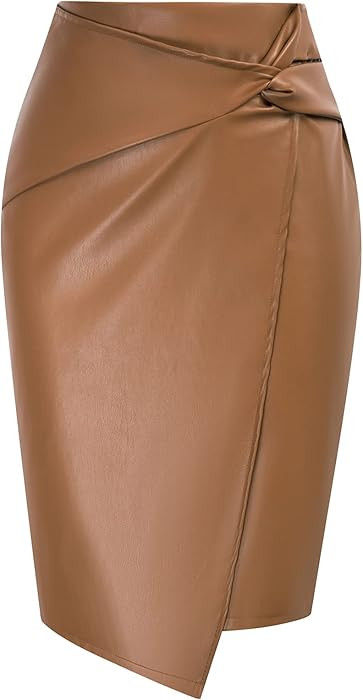 Amazon.com: Kate Kasin Zip Elegant Leather Pencil Skirts for Women Side Wrap Knot Knee Length Hig... | Amazon (US)