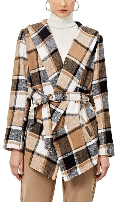 PEIQI Women's Turn Down Shawl Collar Plaid Wrap Trench Pea Coat Cardigan with Belt | Amazon (US)