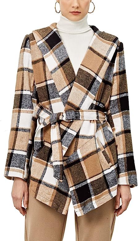 PEIQI Women's Turn Down Shawl Collar Plaid Wrap Trench Pea Coat Cardigan with Belt | Amazon (US)