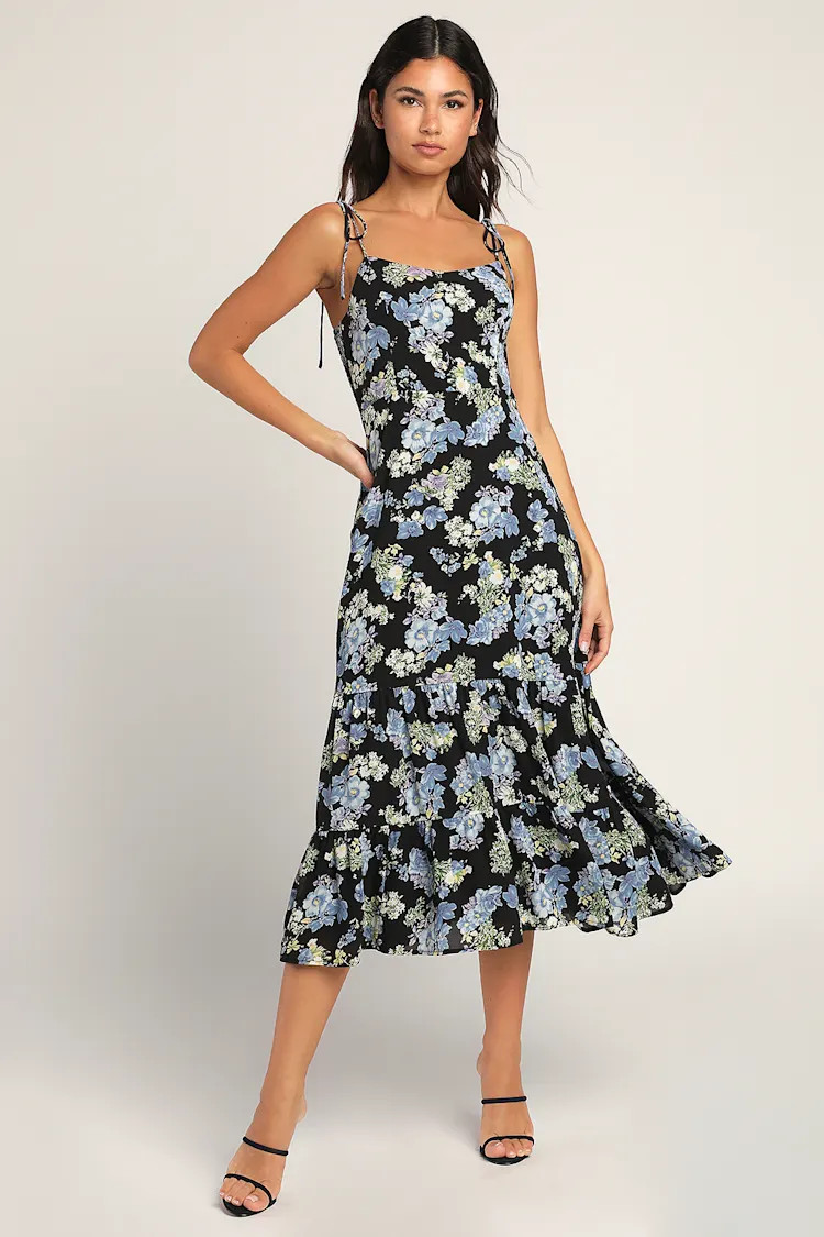 Started With a Kiss Black Floral Print Tie-Strap Tiered Dress | Lulus (US)