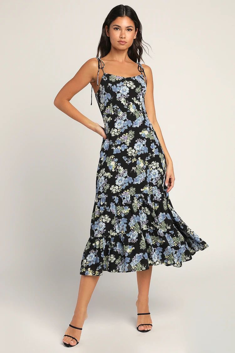Started With a Kiss Black Floral Print Tie-Strap Tiered Dress | Lulus (US)
