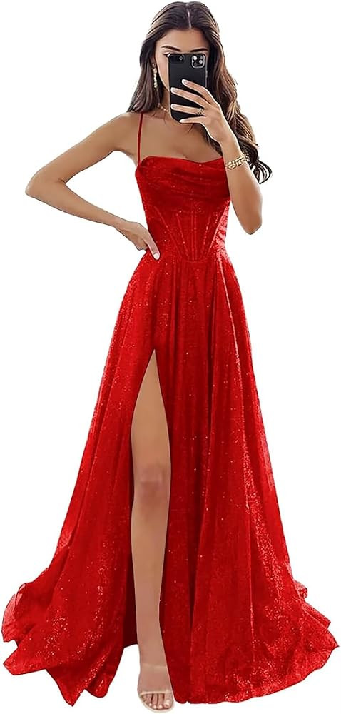 Monvelli Glitter Tulle Prom Dress Long Ball Gown 2026 Spaghetti Straps Sweetheart Formal Evening ... | Amazon (US)