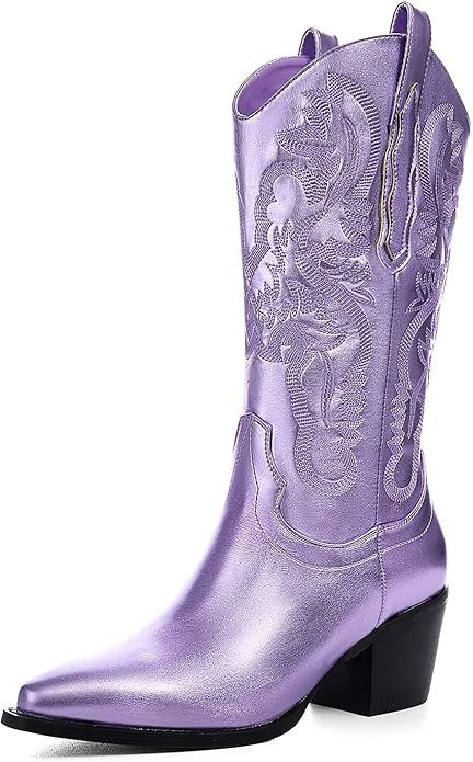 Touslecos Metallic Cowgirl Boots Knee High Sparkly Glitter Boots for Women Mid Calf Snip Toe Embr... | Amazon (US)