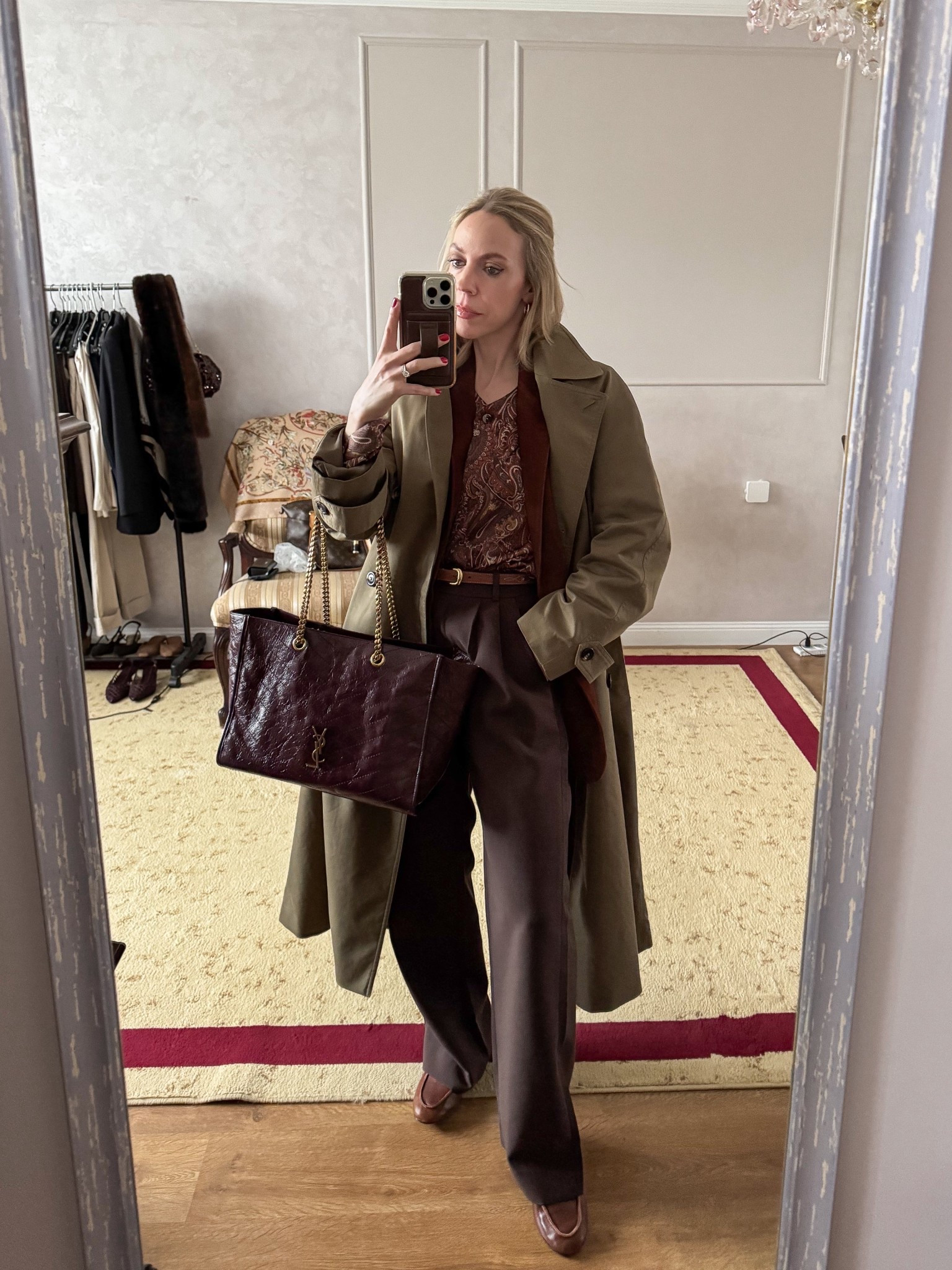 Spring workwear, business casual workwear, office look of the day, olive trench coat, chocolate brown trousers, burgundy YSL tote bag 

#LTKOver40 #LTKSeasonal #LTKWorkwear