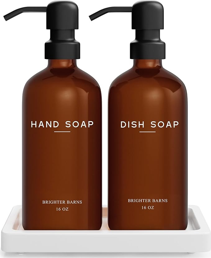 Amber Glass Hand and Dish Soap Dispenser Set by Brighter Barns - Kitchen Soap Dispenser Set with ... | Amazon (US)