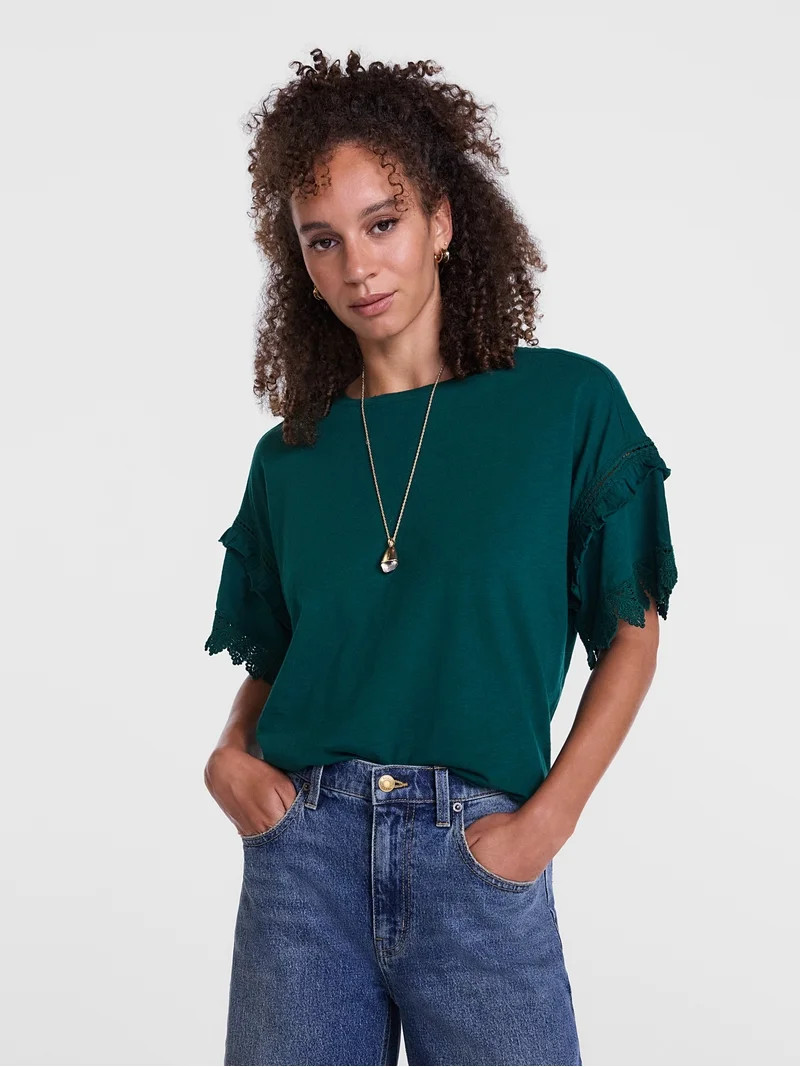 Scenario Women's Lace Trim Tee with Short Sleeves, Size XS-XXXL | Walmart (US)