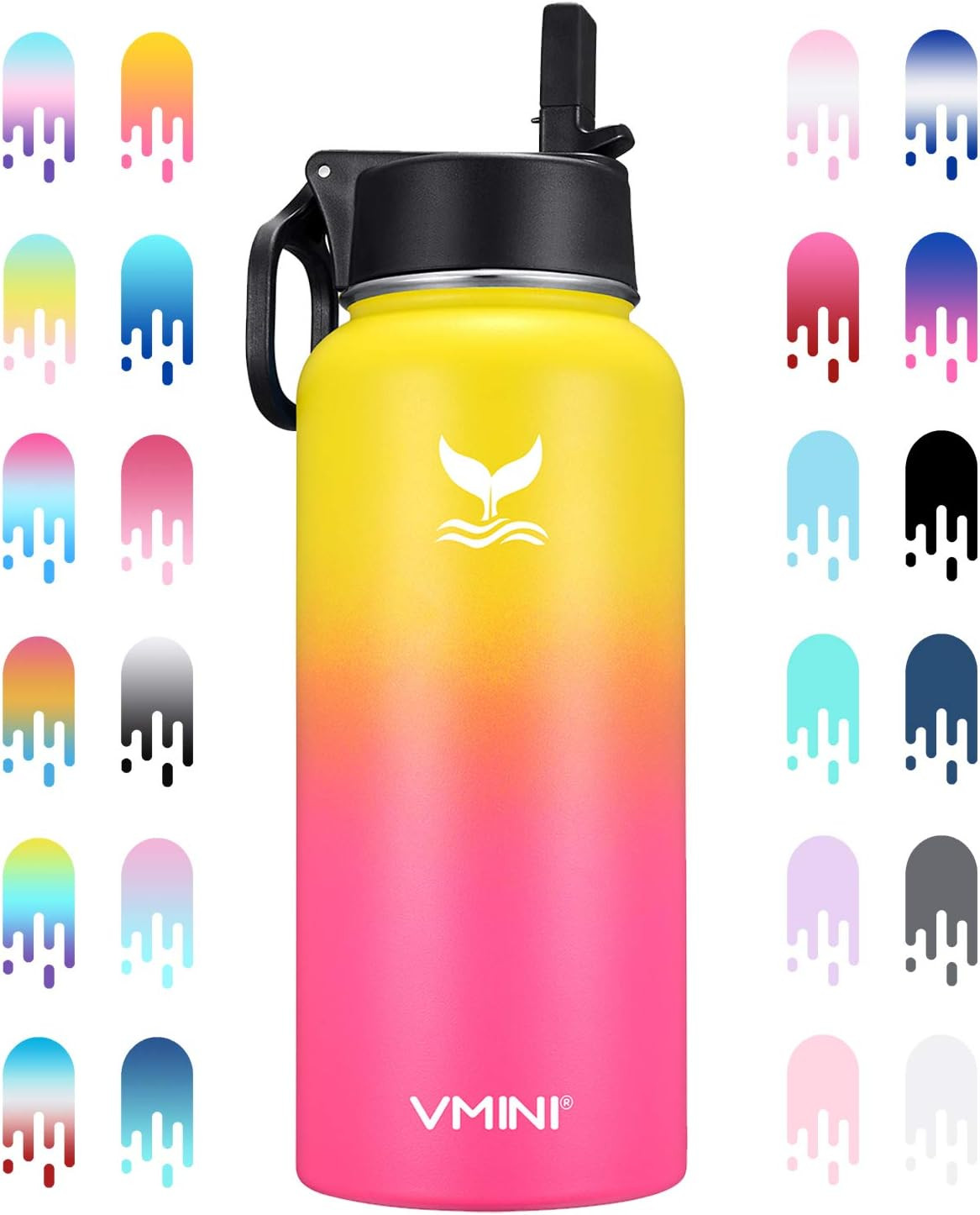 Vmini Water Bottle with New Wide Handle Straw Lid, Wide Mouth Vacuum Insulated 18/8 Stainless Ste... | Amazon (US)