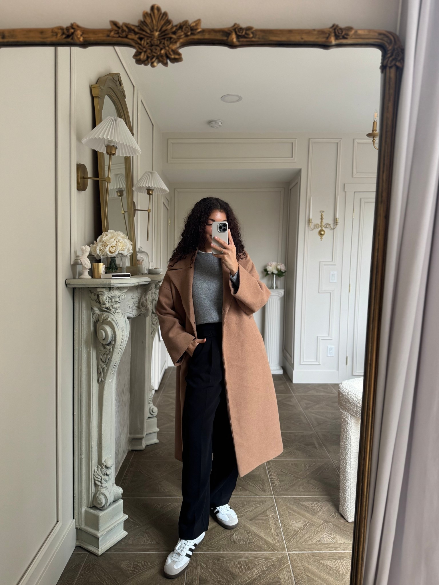 black pants, adidas samba sneakers, cashmere sweater, wool coat 

#LTKootd