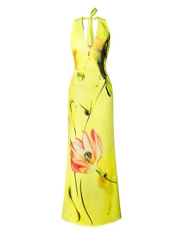 JW PEI Women's Floral Satin Halter Dress - Yellow/Pink | Amazon (US)