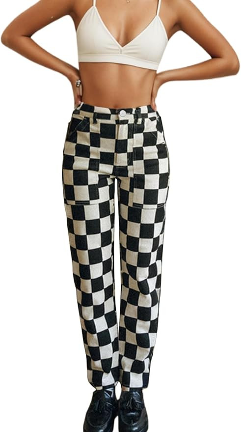 Womens Checkered Pants Zip Off Plaid Gingham Pants Casual Elastic High Waist Straight Leg Jeans w... | Amazon (US)