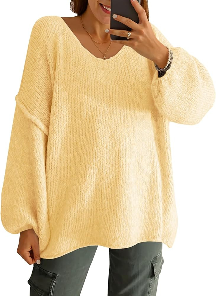 Saodimallsu Womens Oversized V Neck Sweaters Chunky Knit Lantern Long Sleeve Fall Winter Slouchy ... | Amazon (US)