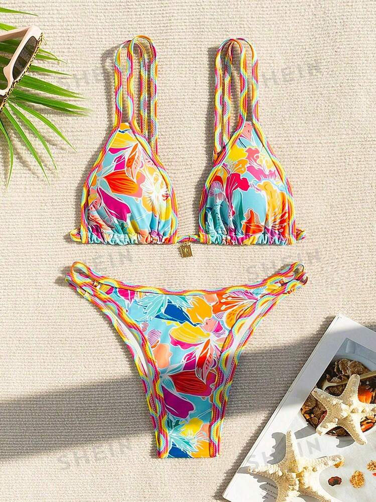 SHEIN Swim Mod Summer Beach Floral Print Double Shoulder Strap Bikini Set In Random Print | SHEIN... | SHEIN