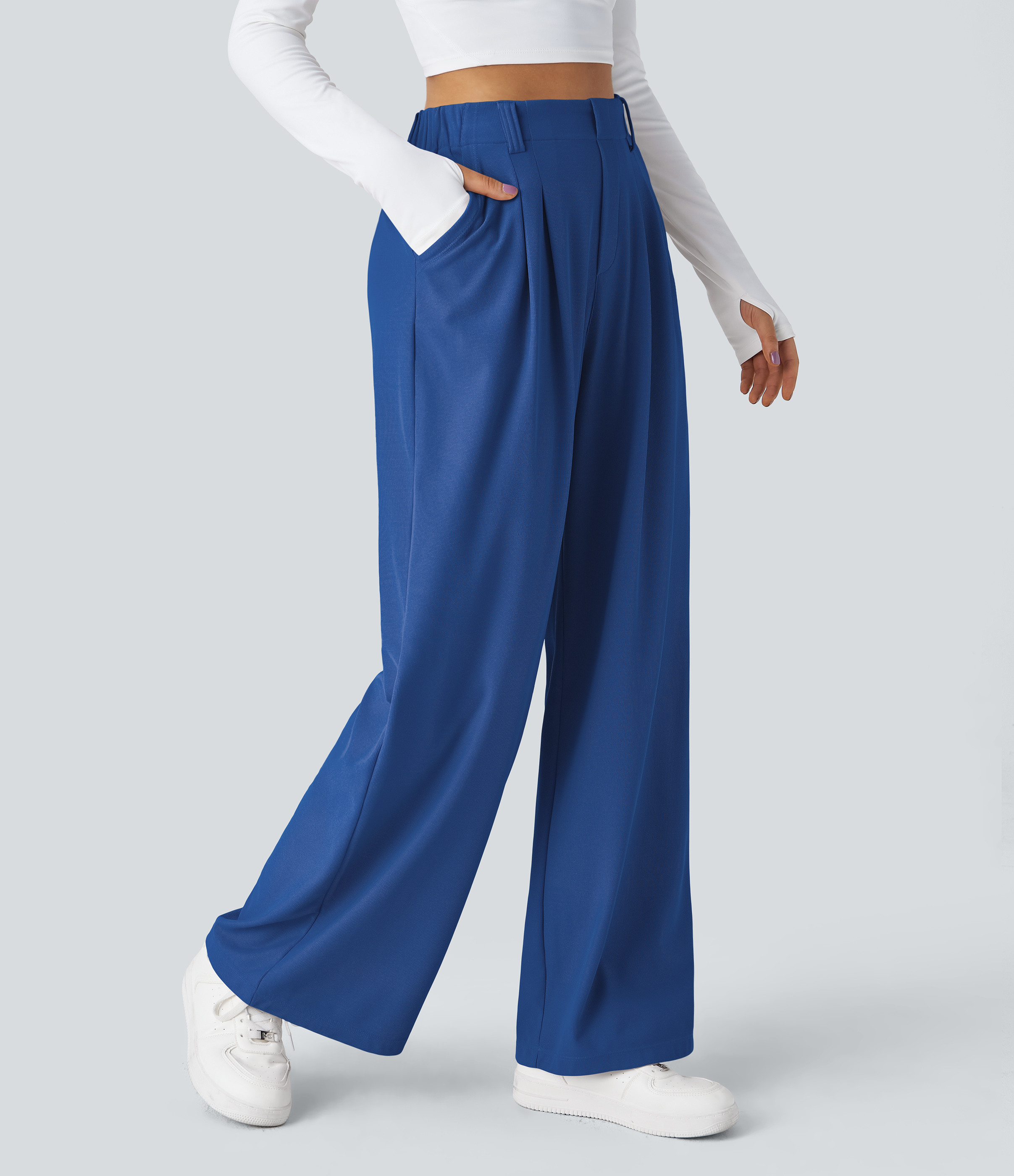 Halara Halara Flex™ High Waisted Side Pocket Wide Leg Waffle Work Pants - Deep Sapphire Blue - M(regular) sweatpants jogger pants | HALARA