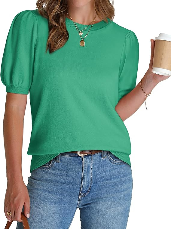 WIHOLL Women's Puff Short Sleeve Sweater 2025 Spring Summer Tops Trendy Business Casual Outfits W... | Amazon (US)