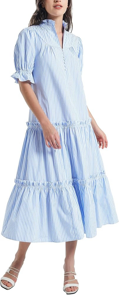 D-Sun Women Casual Button Down Maxi Dress Short Puff Sleeves Stand Collar Tiered Elegant Flowy Sw... | Amazon (US)