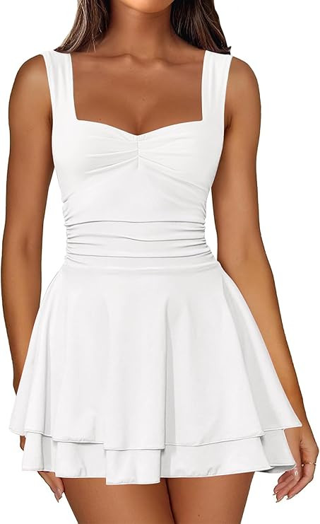 IWD Women's Square Neck Sleeveless Mini Dress Ruched Waist Tiered Ruffle Hem A Line Short Dresses | Amazon (US)