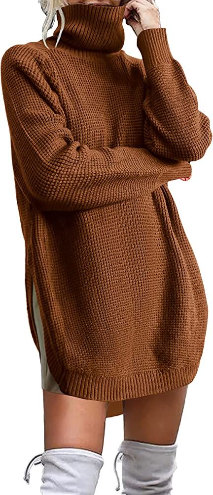 KIRUNDO Women's Casual Waffle Knit Turtleneck Sweater Long Sleeve Solid Irregular Hem Side Split Loo | Amazon (US)