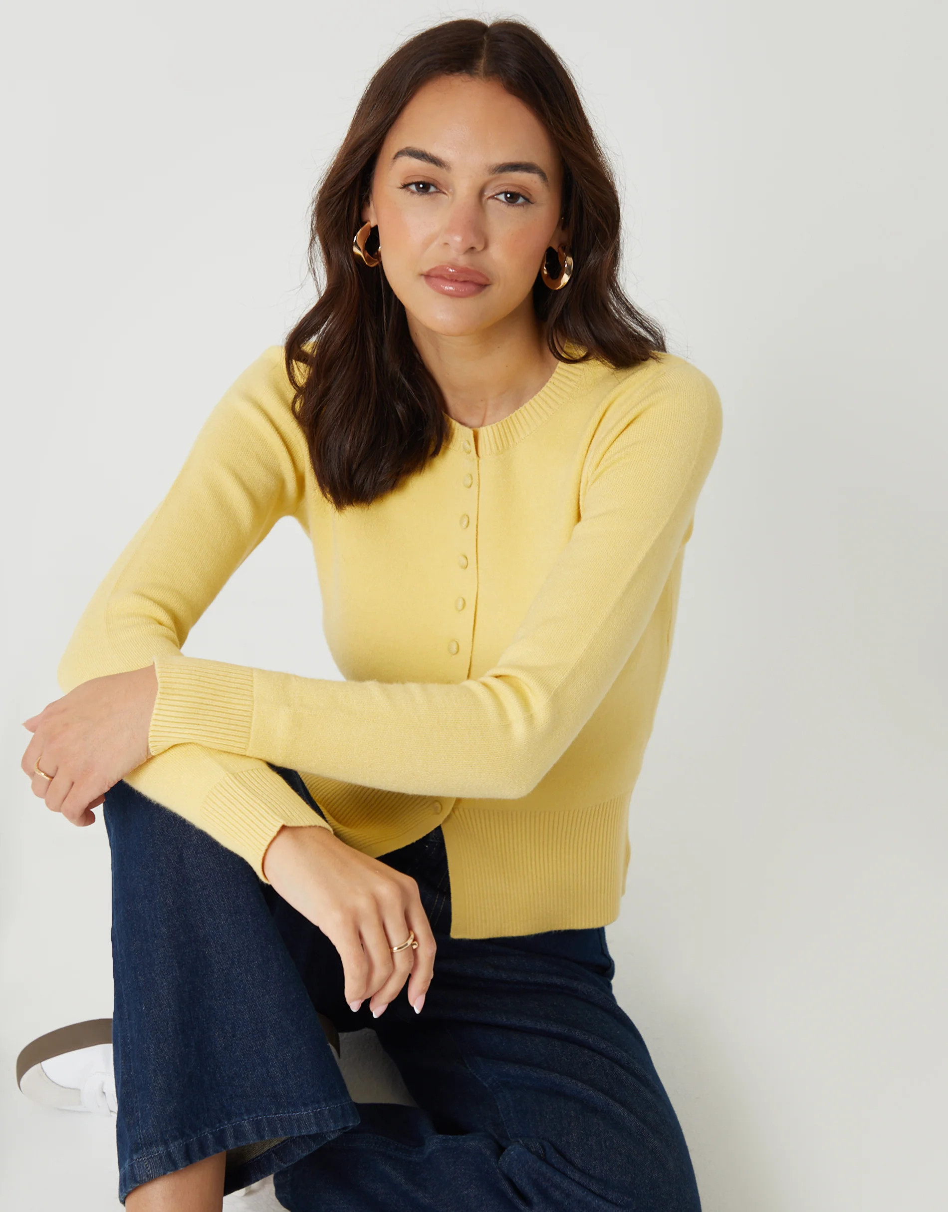 Threadbare Lemon Yellow Crew Neck Compact Knitted Cardigan | Threadbare