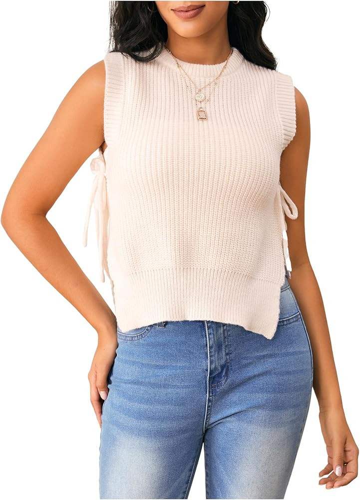 Verdusa Women's Crochet Knit Vest Crop Tank Top Sleeveless Split Tie Side Sweater Vests | Amazon (US)